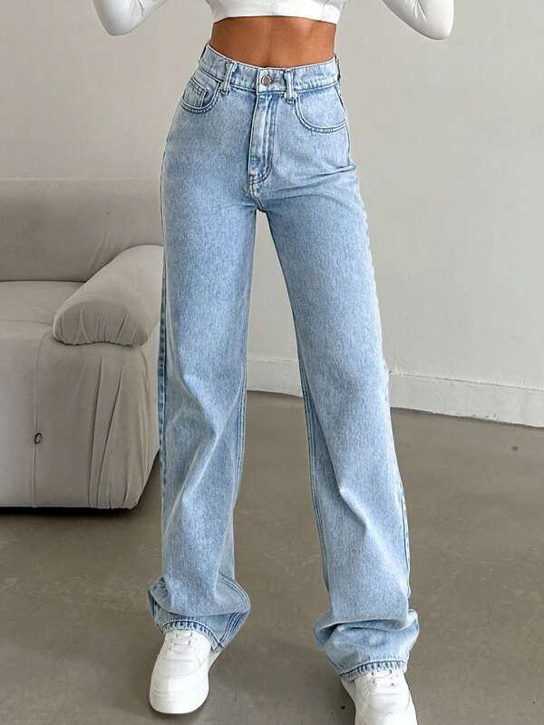 SHEIN Tall Gerade geschnittene High Rise Jeans mit Snow Wash Effekt, Große Größen