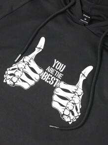 Manfinity Fitness Boyfriend Style Men Skeleton Hand Slogan Print Drawstring Hooded Short Sleeve Sports T-Shirt