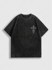 ROMWE MEN Goth Men's Cross And Wings Printed T-Shirt For Halloween, School - Black - View 2