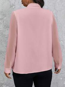 SHEIN Privé Plus Size Women White Pearl Collar Decor Tie Neck Ruched Texture Chiffon Formal Fitted Shirt For Work And Daily, Spring/Autumn - Pink - View 4