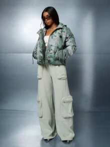 SUMWON WOMEN Puffer Winter Down Jacket Camouflage Quilted Oversize Insulated Hooded Parka Military Combat Cold Weather Outdoor Urban Streetwear