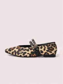 CUCCOO DOLLMOD Square Toe Flat Low Vamp Metal Rivets Buckle Leopard Print Color Block Soft Bottom Retro Women Loafers, Suitable For Daily Commute, Party And Walking New Year Holiday Valentines - Multicolor - View 2