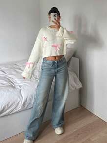 SHEIN EZwear Suéter informal de cuello redondo, manga larga, con detalle de lazo