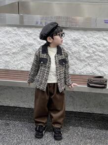 SHEIN 1pc Young Boy Lapel Pocket Plaid Long Sleeve Jacket, Comfortable And Breathable, Suitable For Outdoor Play, Travel, School, Autumn/Winter - Black - View 3