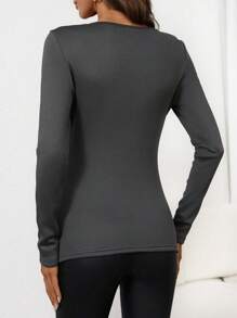 Calvaya Women Solid Color Button Front Long Sleeve Slim Fit Tee