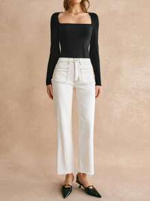 Poéselle 女士白色毛边直筒牛仔裤，夏季白色必备单品，休闲风格，轻松搭配 - 白色 - 查看 5