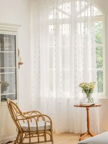 1 panneau de rideau transparent avec pompon blanc moelleux, de style campagne française pour chambre à coucher, salon, balcon. Doublure pour fenêtre avec passant pour tringle