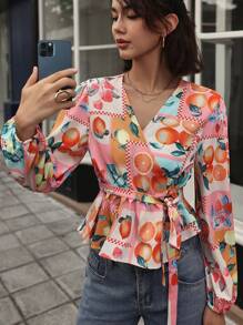 SHEIN BAE Women's Spring & Summer Fruit Print Tie-Waist Ruffle Hem Elegant Blouse Fall Cloth For Women - Multicolor - View 7