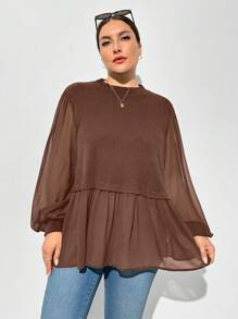 SHEIN Essnce 大码女式秋季长袖上衣，黑色灯笼袖上衣，秋季女式毛衣黑色上衣万圣节服装，哥特秋季女式秋季女装，秋季衬衫秋季服装秋季上衣长袖女式秋季女式上衣长袖女式上衣 - 棕色 - 查看 1