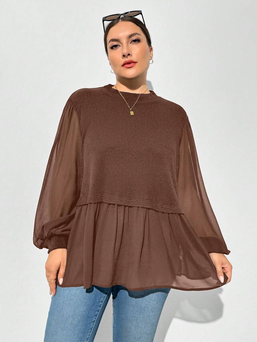 SHEIN Essnce 大码女式秋季长袖上衣，黑色灯笼袖上衣，秋季女式毛衣黑色上衣万圣节服装，哥特秋季女式秋季女装，秋季衬衫秋季服装秋季上衣长袖女式秋季女式上衣长袖女式上衣 - 棕色 - 查看 1