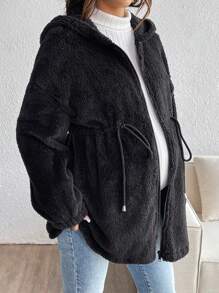 SHEIN Maternity Solid Color Front Zip Up Long Sleeve Hoodie Casual Jacket - Black - View 3