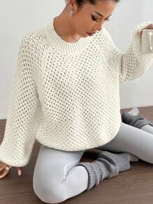 SHEIN Unity 1pc Women Versatile Solid Color Raglan Sleeve Sweater, Autumn/Winter Knit Pullover Fall Outfit - White - View 3