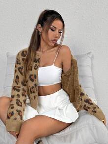 SHEIN Unity Áo khoác cardigan họa tiết da báo jacquard thường ngày cho nữ, Thu/Đông - màu nâu - Xem 3