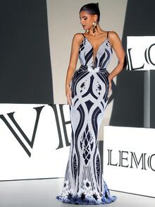 網紗拼接露背魚尾裙下擺亮片正式連衣裙 - 黑與白 - 查看 4