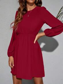 SHEIN Clasi Solid Color Waisted Long Sleeve Casual Dress, Suitable For Music Festival Burgundy Color Women Outfit