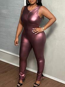 Slaydiva Top court avec fermeture éclair et ourlet fendu, violet laser unicolore, élégant, idéal pour les fêtes et festivals de musique. Combiné avec une combinaison extra longue ample pour femmes en grande taille, en tissu enduit de PU léger, pour le printemps et l'automne - Parme - Voir 6