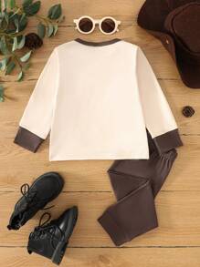 SHEIN Conjunto de 2 piezas de camiseta de manga larga con estampado de pañuelo y pantalones para niño bebé, diseño de vaquero occidental gracioso, adecuado para disfraz de Halloween, sesión de fotos, fiesta y actividades en otoño/invierno