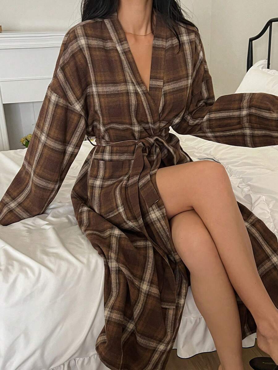 DAZY Bata de casa casual a cuadros, para otoño/invierno, para pijama de otoño, atuendo acogedor - Café integral - Ver 1