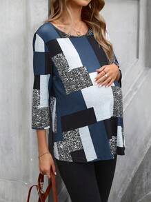 SHEIN 孕妇女士拼布圆领时尚休闲 T 恤 - 黑與白 - 查看 4