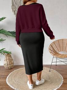 Calvaya 2pcs Setelan Wanita Ukuran Plus: Sweatshirt Lengan Panjang Bahu Longgar dengan Motif Huruf dan Gaun Slip Kasual, Pakaian Musim Gugur untuk Wanita - Burgundy - View 2