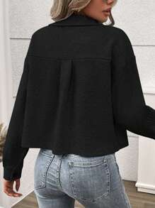 SHEIN LUNE Áo khoác ngắn thường ngày một hàng khuy đơn tay dài màu trơn cho nữ mùa thu - màu đen - Xem 2