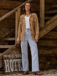 LanaWest Deep Khaki Textured Chest Pocket Front Buttoned Casual Long Sleeve Jacket - Khaki - View 6