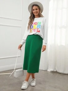 Wildy 2pcs Women Print Sweatshirt & Fitted Green Midi Skirt Set