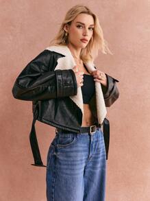 SHEIN Frenchy 女士时尚休闲撞色翻领蓬松饰边短夹克 24 FW - 黑色 - 查看 6