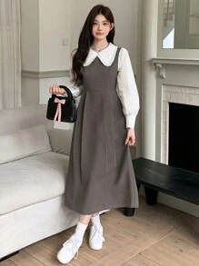 DAZY 女士泡泡领长袖撞色荷叶边优雅中长连衣裙，秋季连衣裙 - 灰色 - 查看 2