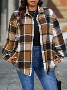 SHEIN LUNE 大码格子印花前扣长袖衬衫