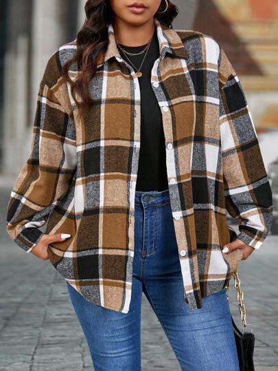 SHEIN LUNE Plus Size Plaid Print Button Front Long Sleeve Shirt