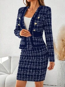 SHEIN Clasi Women's Autumn Plaid Print Long Sleeve Metal Button Jacket And Midi Skirt 2 Pieces Set, Elegant - Royal Blue - View 4