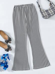SHEIN Tween Girls Houndstooth Print Double-Breasted Flared Casual Pants