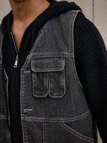 Forever 21 Men's Street Style Loose Fit + Multi-Function Pocket Washed Black Denim Väst