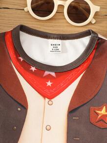 SHEIN Conjunto de 2 piezas de camiseta de manga larga con estampado de pañuelo y pantalones para niño bebé, diseño de vaquero occidental gracioso, adecuado para disfraz de Halloween, sesión de fotos, fiesta y actividades en otoño/invierno