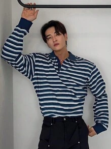 DAZY Men's Casual Striped Polo Shirt, Autumn - Blue and White - View 8