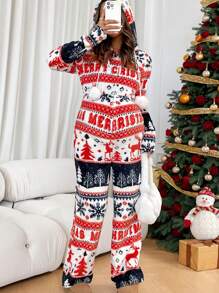 SHEIN SHEIN Maternity Christmas Pregnant Women's Winter Snowflake & Deer Print Hooded Long Sleeve Jumpsuit