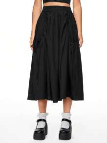 ROMWE Versatile Solid Color Drawstring Waist With Big Pockets A-Line Midi Skirt