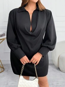 SHEIN CURVE+ 大码纯色垂坠优雅时尚长袖连衣裙 - 黑色 - 查看 1