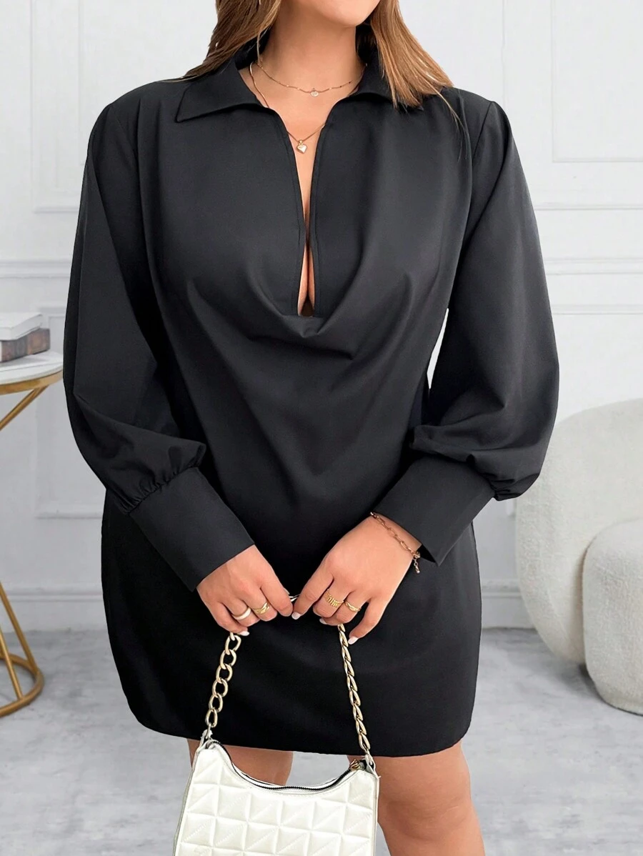 SHEIN CURVE+ 大码纯色垂坠优雅时尚长袖连衣裙 - 黑色 - 查看 1