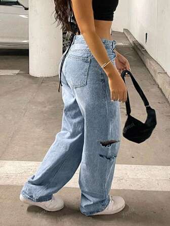 Cross-Border Hot Selling American Casual All-Match Versatile Distressed Crisscross Waistband Pockets Button Women Denim Jeans