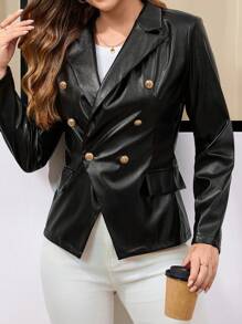 EMERY ROSE Women Plain Front Button Flat Collar Long Sleeve Casual Blazer Jacket - Black - View 2