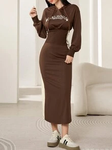 Mulvari 女士纯色拼接长袖字母印花简约连衣裙 - 彩色 - 查看 4