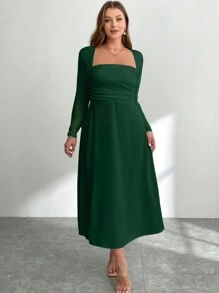 SHEIN Privé Vestido largo de corte evasé sin mangas talla grande para mujer, vestido verde de cuello alto, ajustado con ribete de volantes y abertura lateral, para otoño y vuelta al colegio