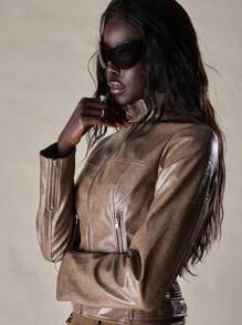 MISSGUIDED Luxury Motorcycle Biker Jacket Winter Fall Collection Premium High Fashion Zip Up Stand Collar Outerwear Statement Fashion Piece Edgy Street Style - Brown - View 3