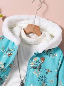 Tween Girl Fluffy Collar Hooded Printed Thermal Lined Jacket - Mint Green - View 5