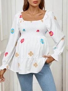 SHEIN Maternity Floral Print Ruffle Collar & Hem Long Sleeve Blouse - White - View 4
