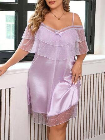 大码圆点网眼拼接露肩睡袍