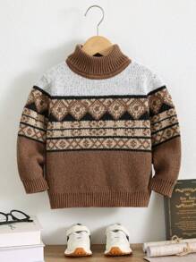 SHEIN 1pc Young Boys Casual & Cozy Fashionable Practical Versatile Deer Print High Neck Fuzzy Sweater, Suitable For Kids Outfits, Young Boy Clothes, School, Daily Wear, Travel, Party, Autumn/Winter Season - Brown - View 5