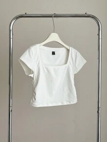 SHEIN BASICS Casual Solid Color Knit Square Neck Short Sleeve Fitted Women T-Shirt